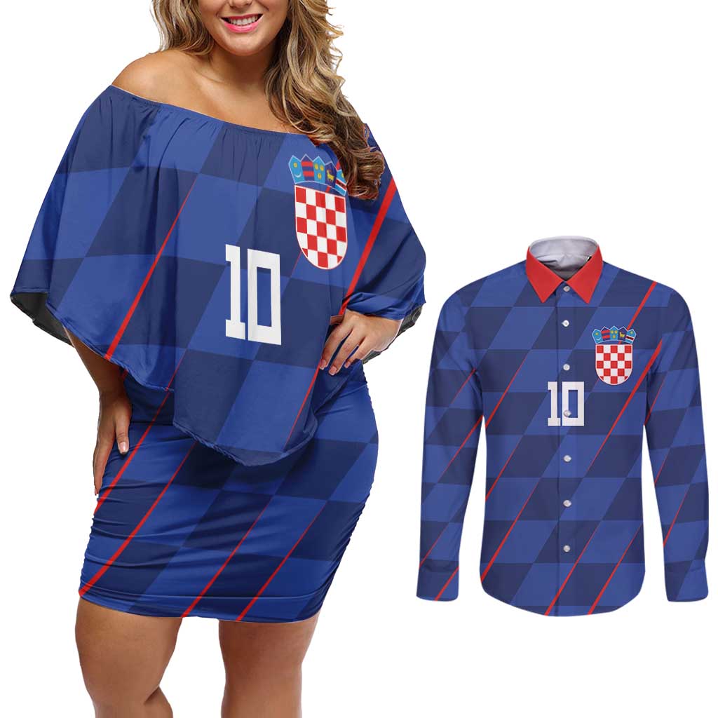 Custom Croatia National Football Couples Matching Off Shoulder Short Dress and Long Sleeve Button Shirt The Checkered Blue Version - Wonder Print Shop