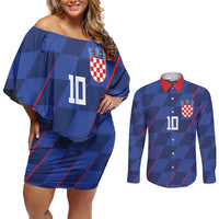 Custom Croatia National Football Couples Matching Off Shoulder Short Dress and Long Sleeve Button Shirt The Checkered Blue Version - Wonder Print Shop