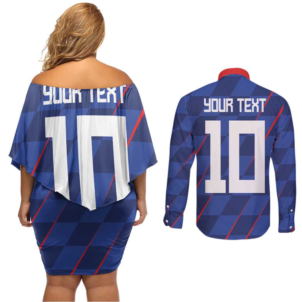 Custom Croatia National Football Couples Matching Off Shoulder Short Dress and Long Sleeve Button Shirt The Checkered Blue Version - Wonder Print Shop