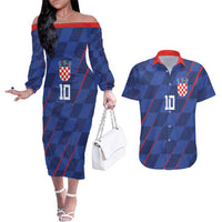 Custom Croatia National Football Couples Matching Off The Shoulder Long Sleeve Dress and Hawaiian Shirt The Checkered Blue Version - Wonder Print Shop