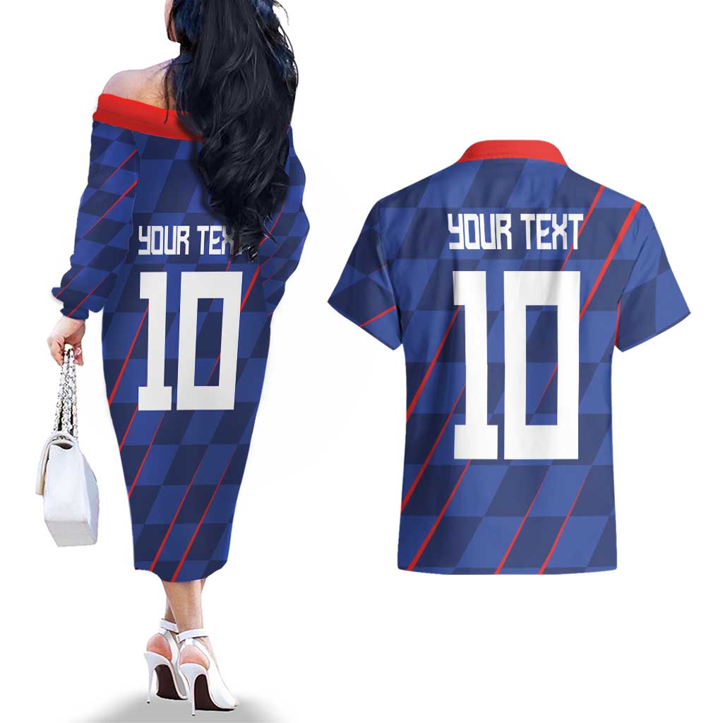 Custom Croatia National Football Couples Matching Off The Shoulder Long Sleeve Dress and Hawaiian Shirt The Checkered Blue Version - Wonder Print Shop