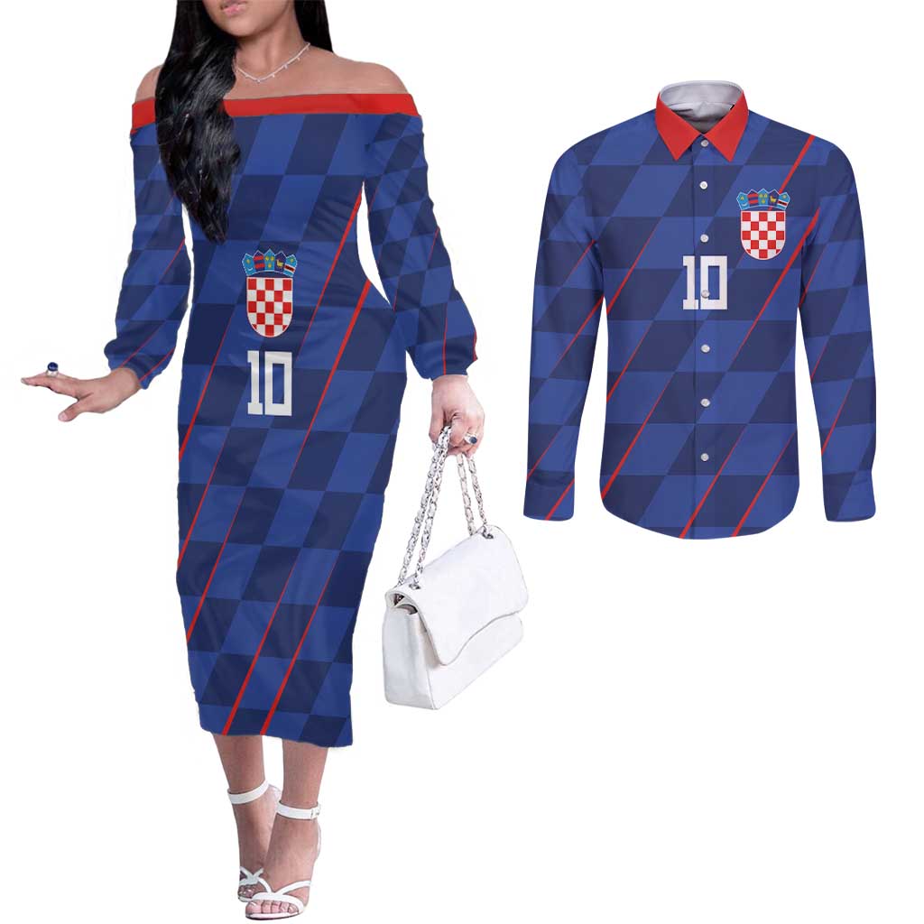 Custom Croatia National Football Couples Matching Off The Shoulder Long Sleeve Dress and Long Sleeve Button Shirt The Checkered Blue Version - Wonder Print Shop