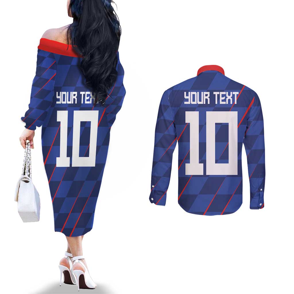 Custom Croatia National Football Couples Matching Off The Shoulder Long Sleeve Dress and Long Sleeve Button Shirt The Checkered Blue Version - Wonder Print Shop