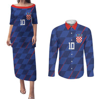 Custom Croatia National Football Couples Matching Puletasi and Long Sleeve Button Shirt The Checkered Blue Version - Wonder Print Shop