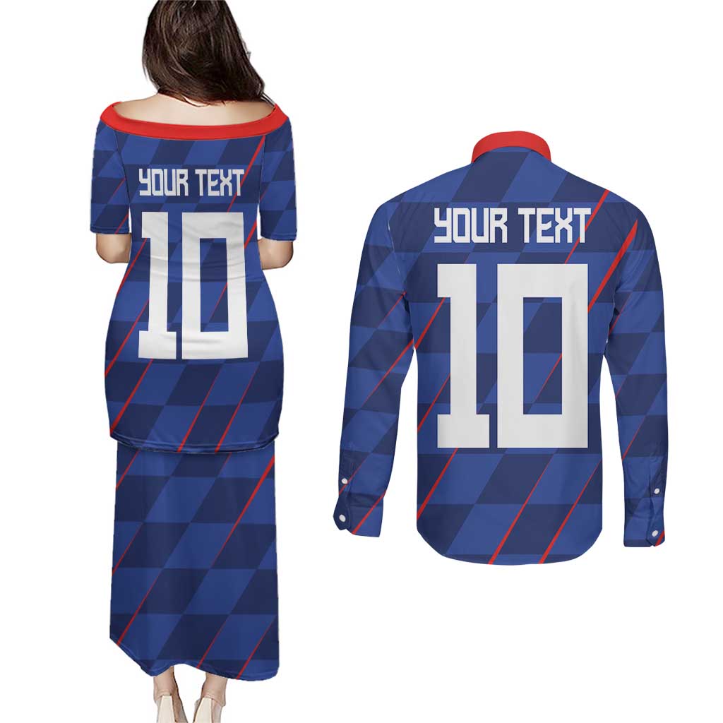 Custom Croatia National Football Couples Matching Puletasi and Long Sleeve Button Shirt The Checkered Blue Version - Wonder Print Shop