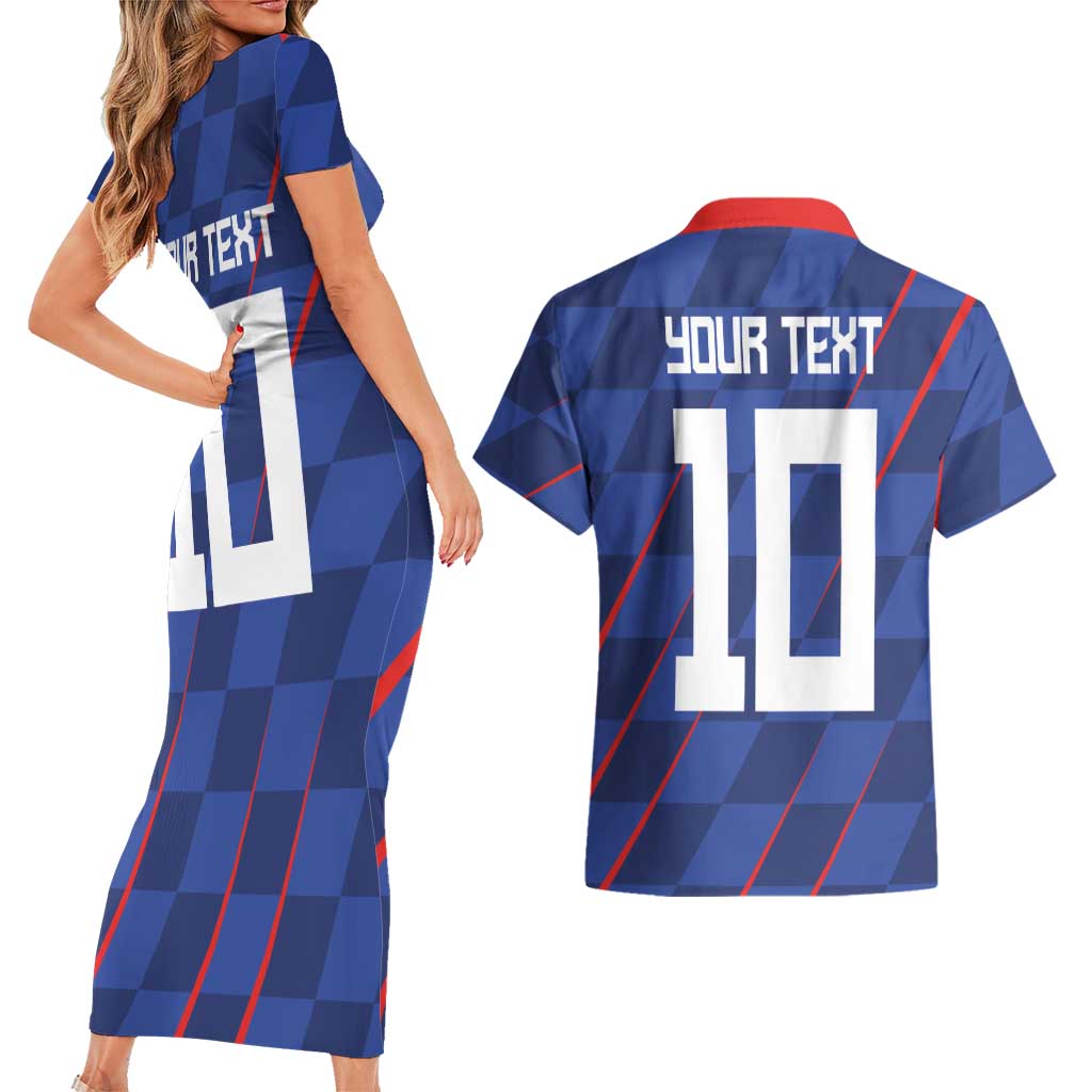 Custom Croatia National Football Couples Matching Short Sleeve Bodycon Dress and Hawaiian Shirt The Checkered Blue Version - Wonder Print Shop