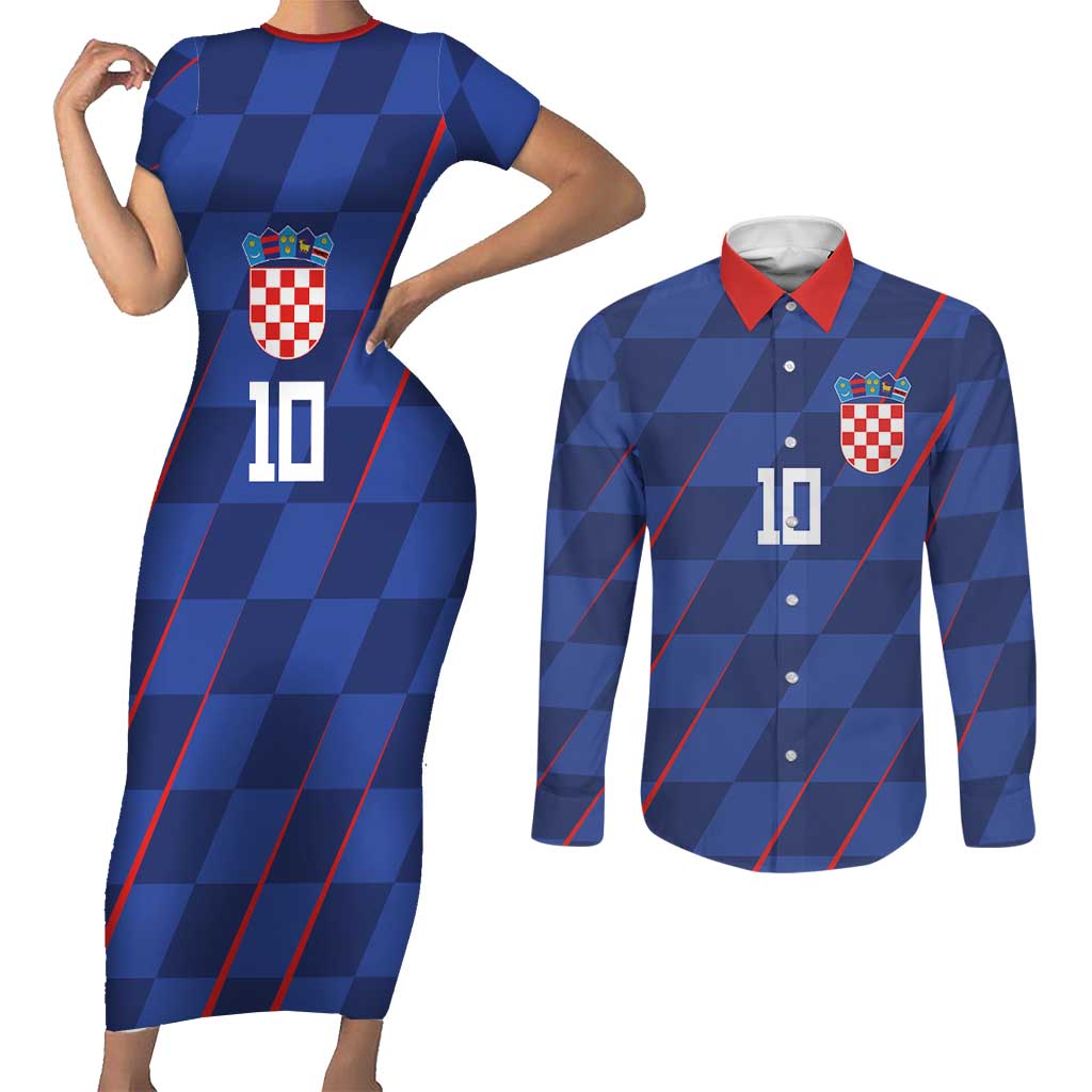 Custom Croatia National Football Couples Matching Short Sleeve Bodycon Dress and Long Sleeve Button Shirt The Checkered Blue Version - Wonder Print Shop