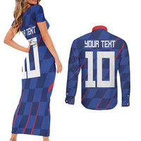 Custom Croatia National Football Couples Matching Short Sleeve Bodycon Dress and Long Sleeve Button Shirt The Checkered Blue Version - Wonder Print Shop