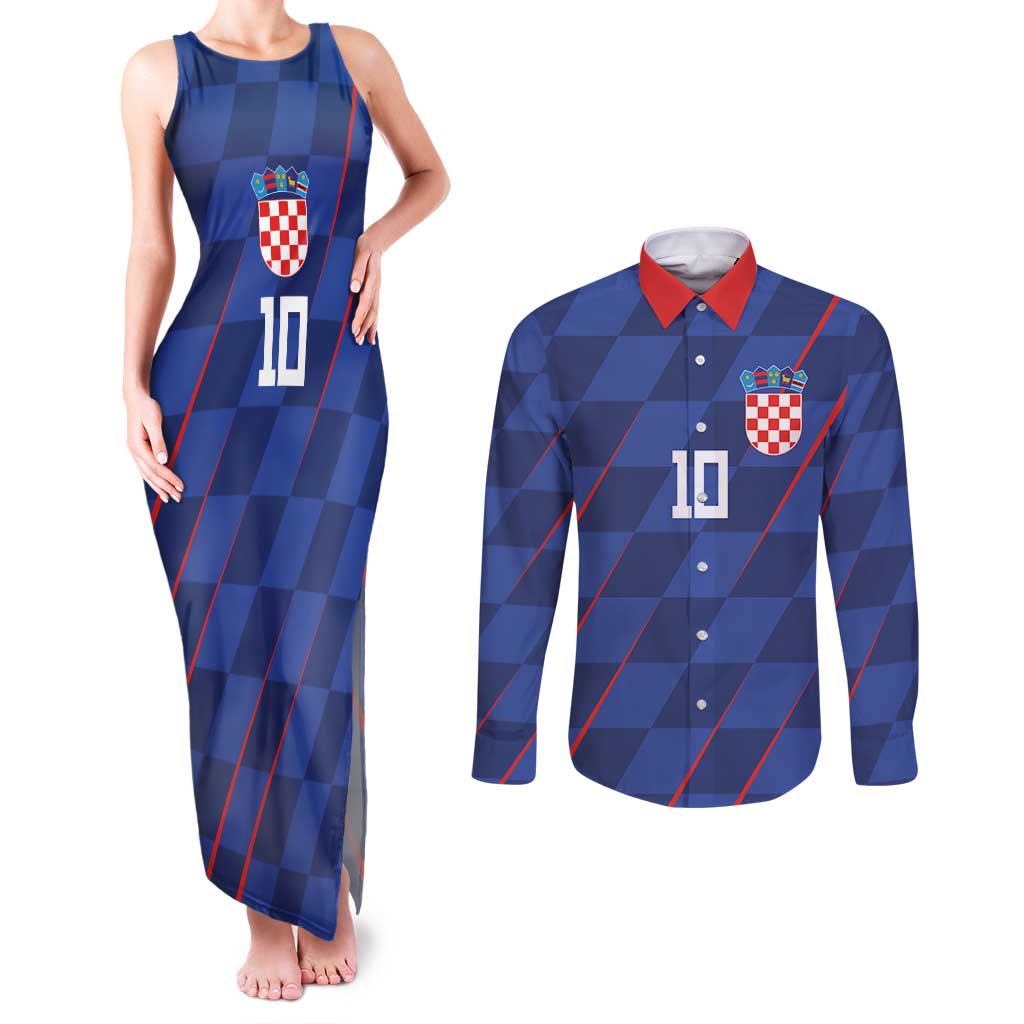 Custom Croatia National Football Couples Matching Tank Maxi Dress and Long Sleeve Button Shirt The Checkered Blue Version - Wonder Print Shop