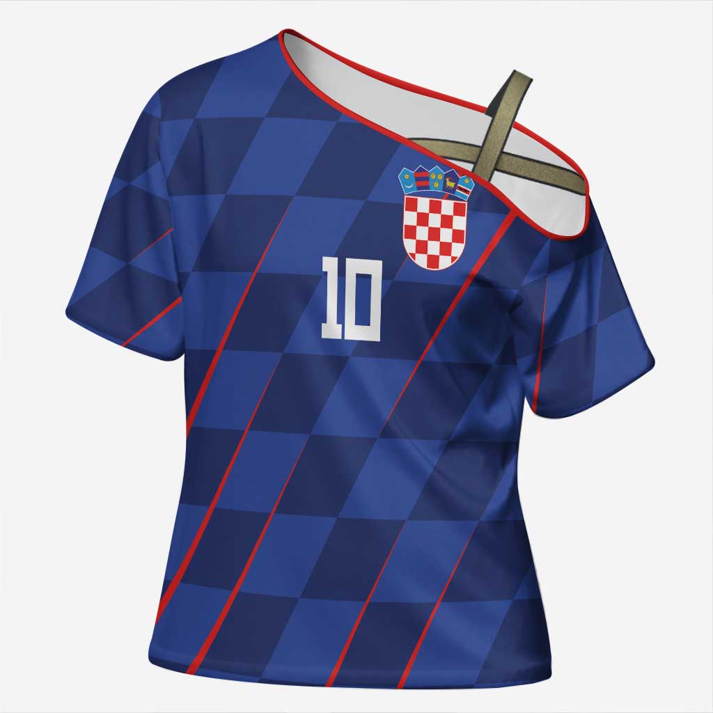 Custom Croatia National Football Cross Shoulder Shirt The Checkered Blue Version - Wonder Print Shop
