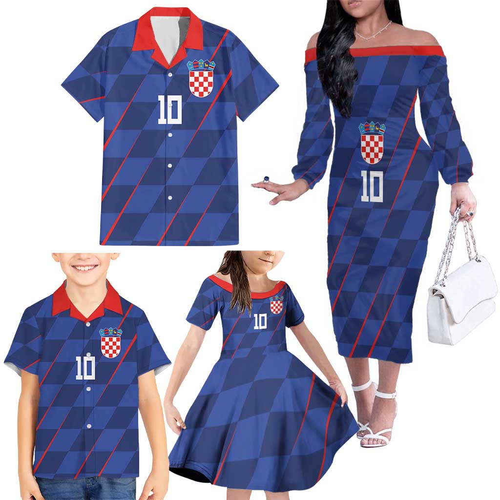 Custom Croatia National Football Family Matching Off The Shoulder Long Sleeve Dress and Hawaiian Shirt The Checkered Blue Version - Wonder Print Shop