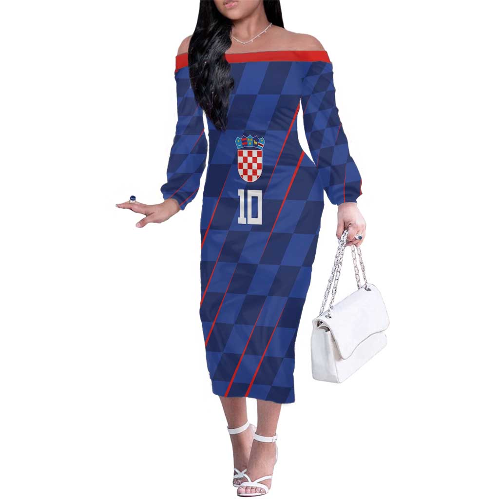 Custom Croatia National Football Family Matching Off The Shoulder Long Sleeve Dress and Hawaiian Shirt The Checkered Blue Version - Wonder Print Shop