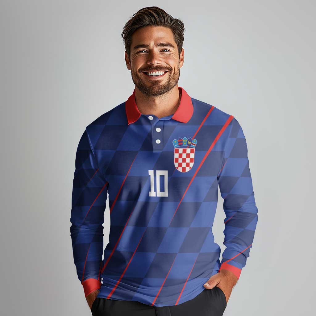 Custom Croatia National Football Long Sleeve Polo Shirt The Checkered Blue Version - Wonder Print Shop