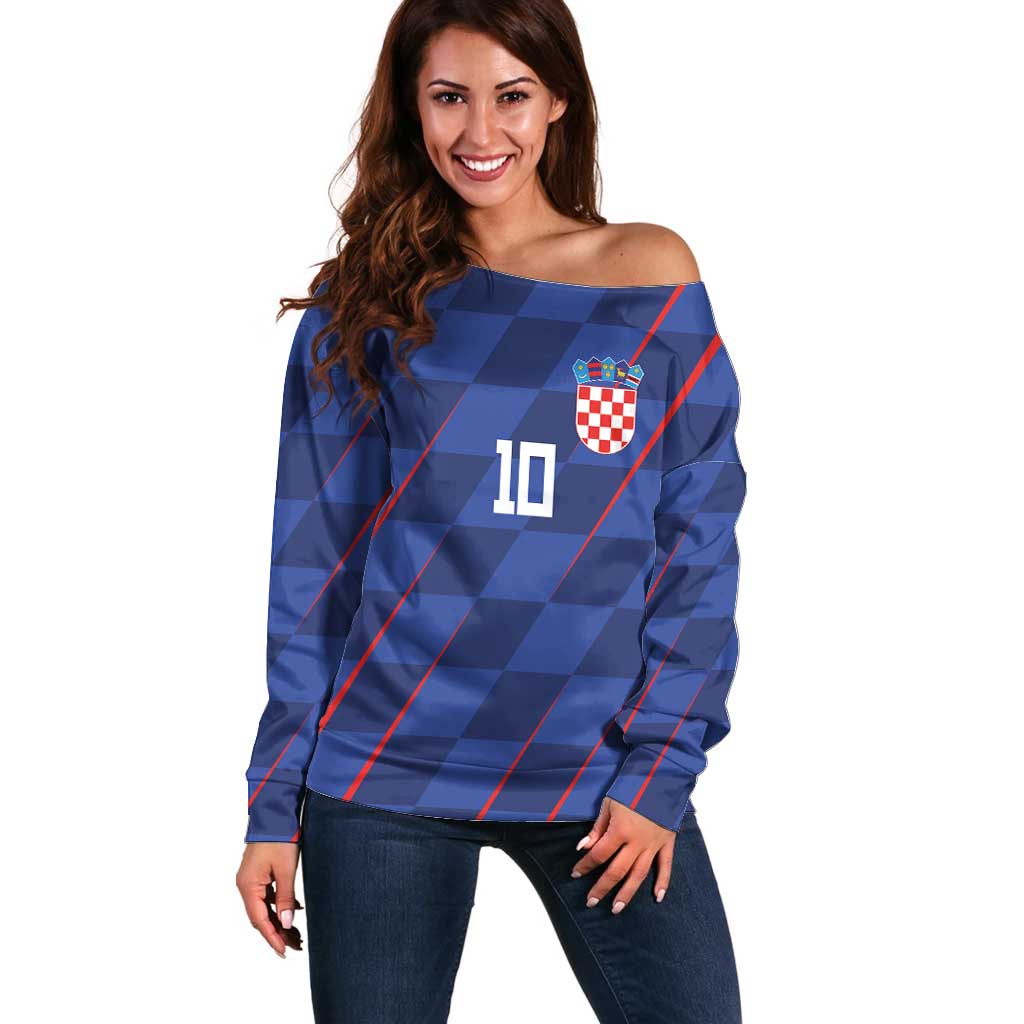 Custom Croatia National Football Off Shoulder Sweater The Checkered Blue Version - Wonder Print Shop