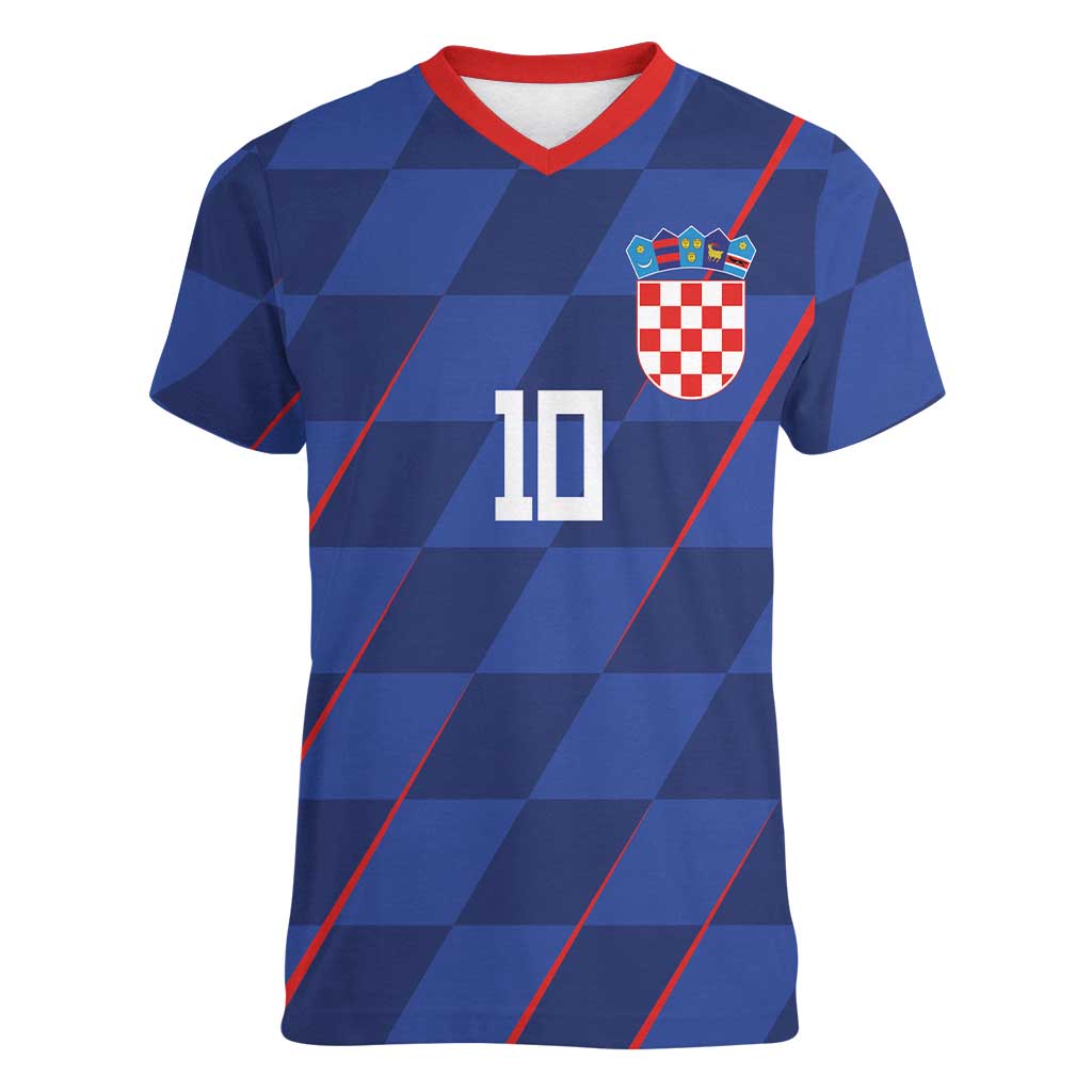 Custom Croatia National Football Women V-Neck T-Shirt The Checkered Blue Version - Wonder Print Shop
