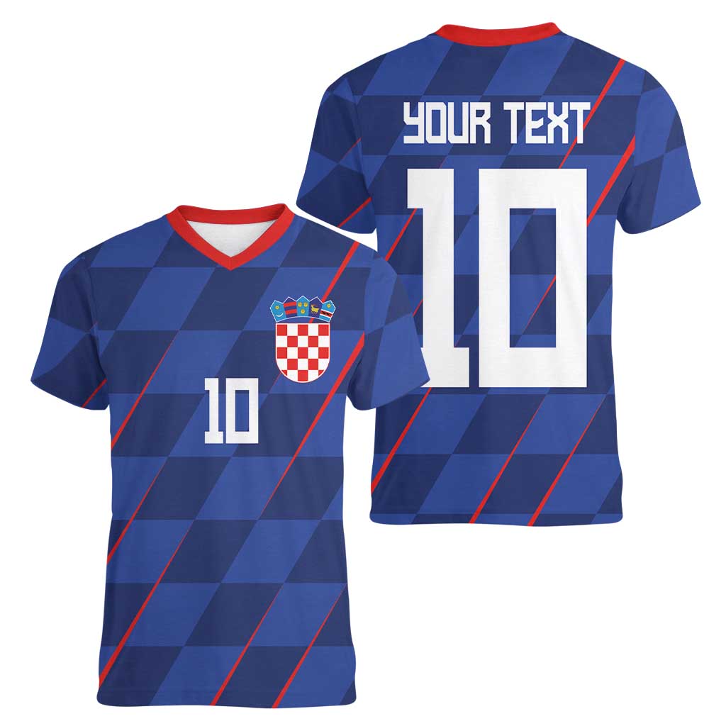 Custom Croatia National Football Women V-Neck T-Shirt The Checkered Blue Version - Wonder Print Shop