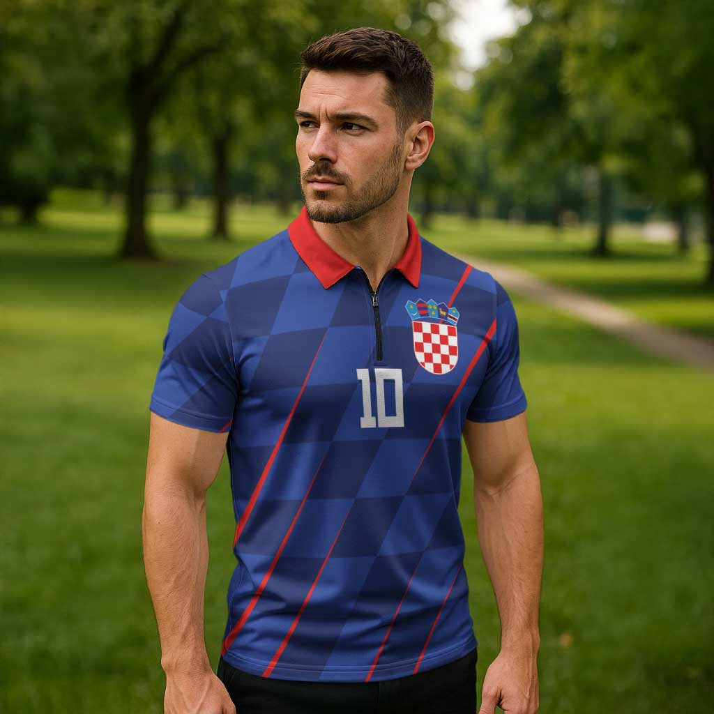 Custom Croatia National Football Zipper Polo Shirt The Checkered Blue Version - Wonder Print Shop
