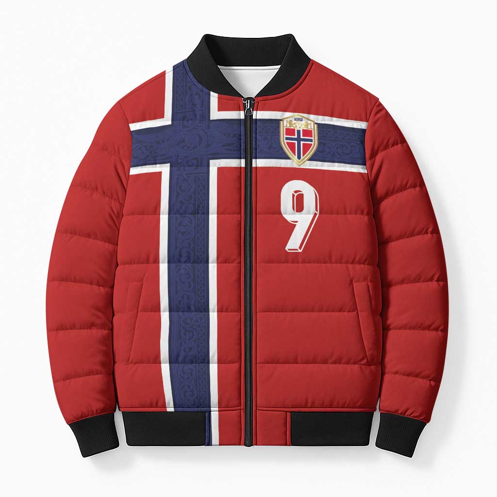 Custom Norway Football Bomber Puffer Jacket Cross Nordic Knot Pattern National Flag Style