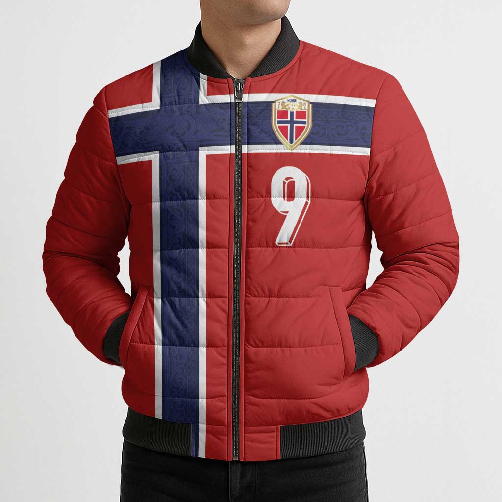 Custom Norway Football Bomber Puffer Jacket Cross Nordic Knot Pattern National Flag Style