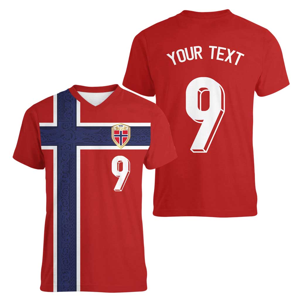 Custom Norway Football Women V-Neck T-Shirt Cross Nordic Knot Pattern National Flag Style