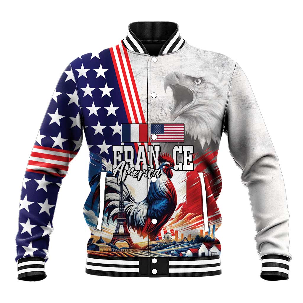 French-American Heritage Month Baseball Jacket National Flags Style with Rooster and Bald Eagle - Wonder Print Shop