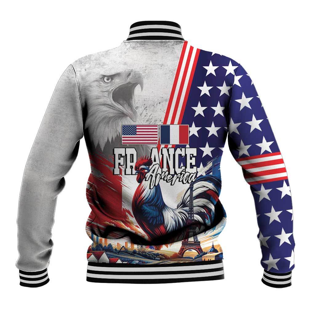 French-American Heritage Month Baseball Jacket National Flags Style with Rooster and Bald Eagle - Wonder Print Shop