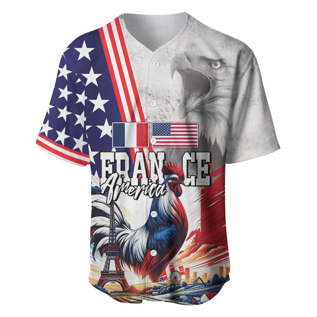 French-American Heritage Month Baseball Jersey National Flags Style with Rooster and Bald Eagle - Wonder Print Shop
