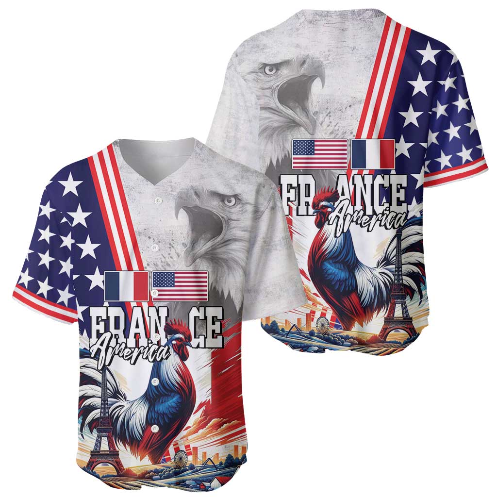 French-American Heritage Month Baseball Jersey National Flags Style with Rooster and Bald Eagle - Wonder Print Shop