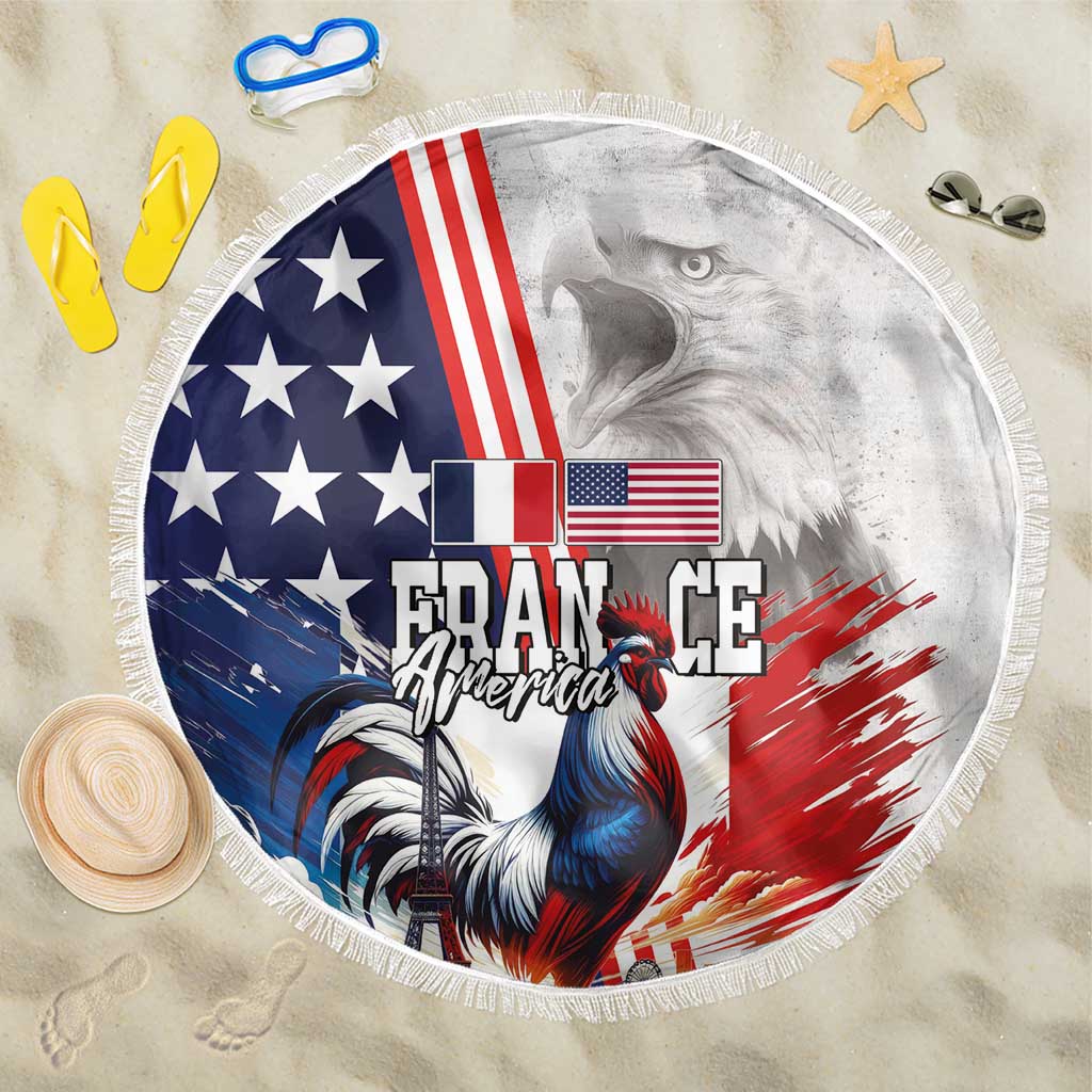 French-American Heritage Month Beach Blanket National Flags Style with Rooster and Bald Eagle - Wonder Print Shop