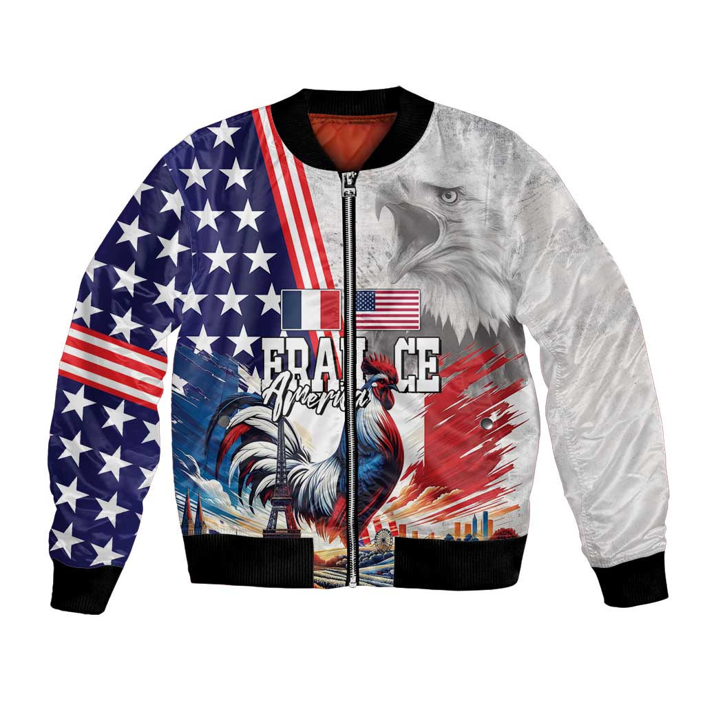French-American Heritage Month Bomber Jacket National Flags Style with Rooster and Bald Eagle - Wonder Print Shop