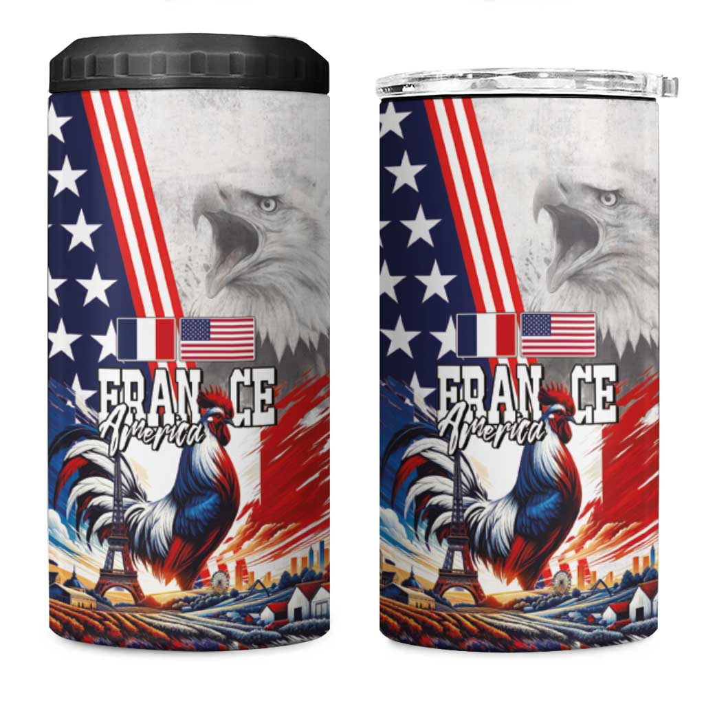 French-American Heritage Month 4 in 1 Can Cooler Tumbler National Flags Style with Rooster and Bald Eagle - Wonder Print Shop