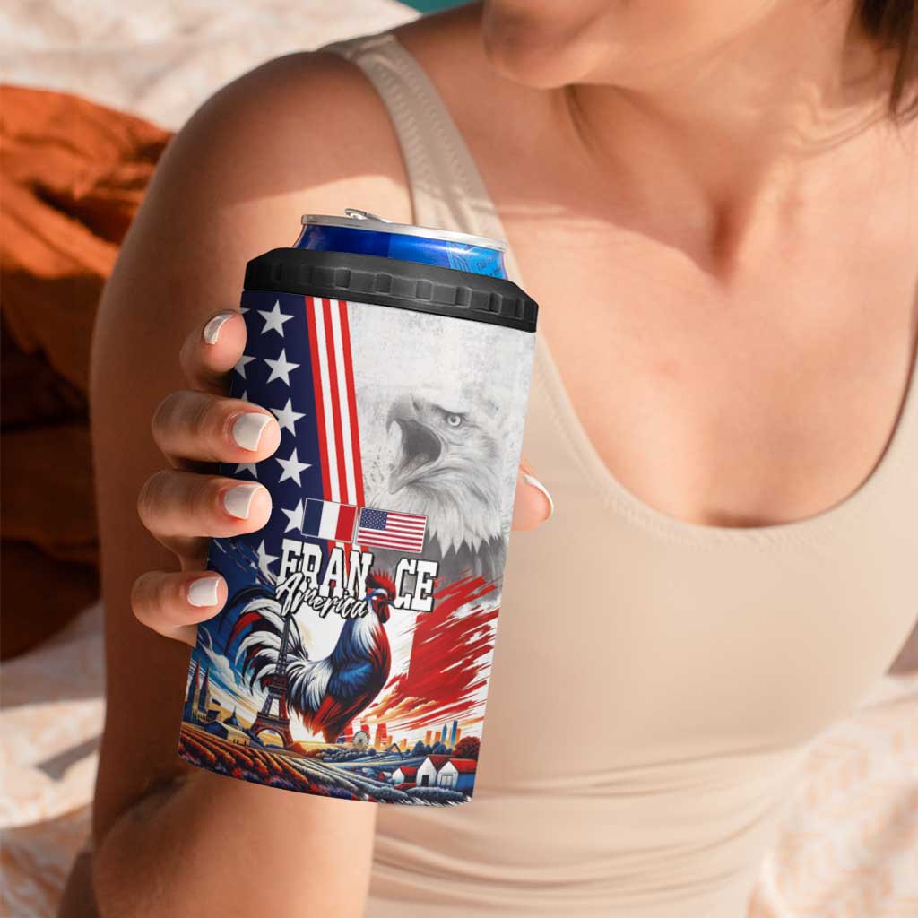 French-American Heritage Month 4 in 1 Can Cooler Tumbler National Flags Style with Rooster and Bald Eagle - Wonder Print Shop