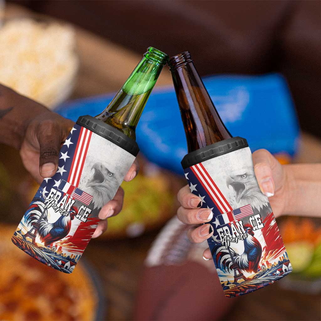 French-American Heritage Month 4 in 1 Can Cooler Tumbler National Flags Style with Rooster and Bald Eagle - Wonder Print Shop