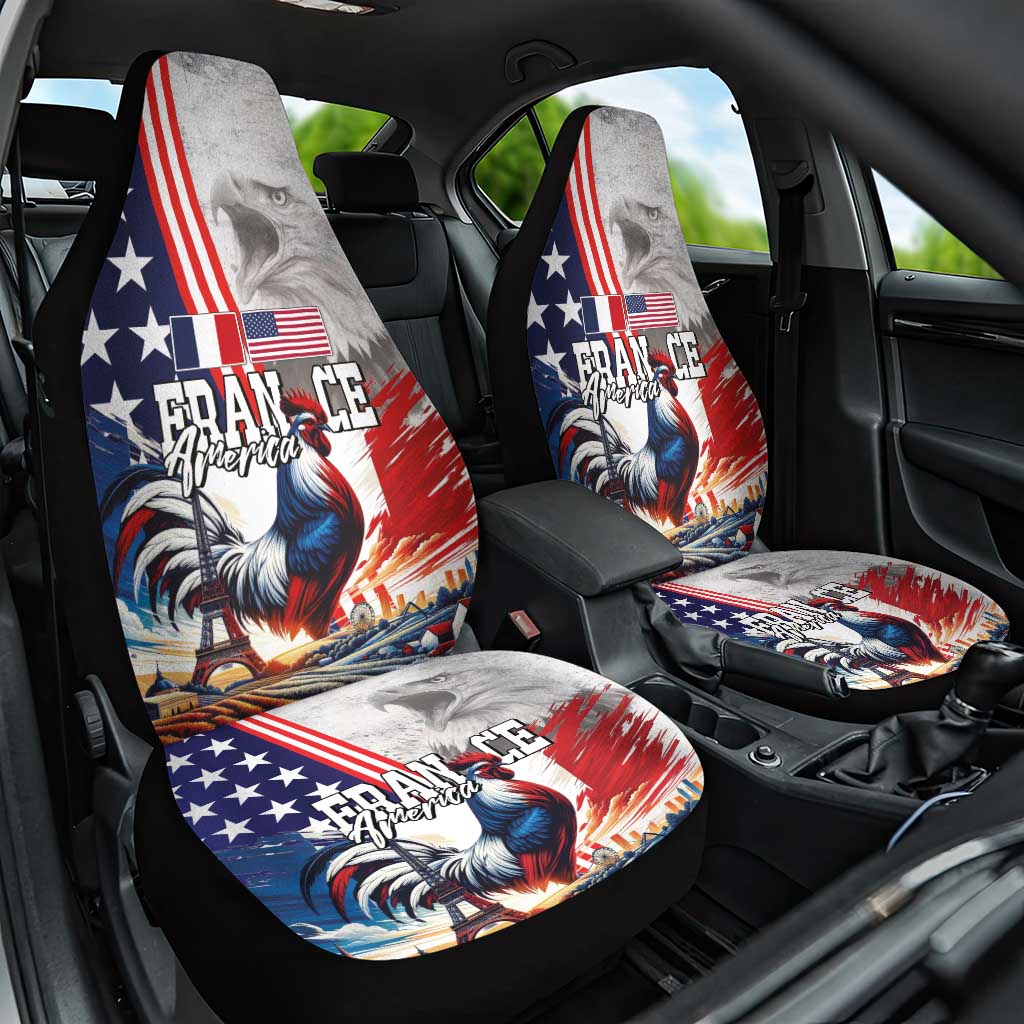 French-American Heritage Month Car Seat Cover National Flags Style with Rooster and Bald Eagle - Wonder Print Shop
