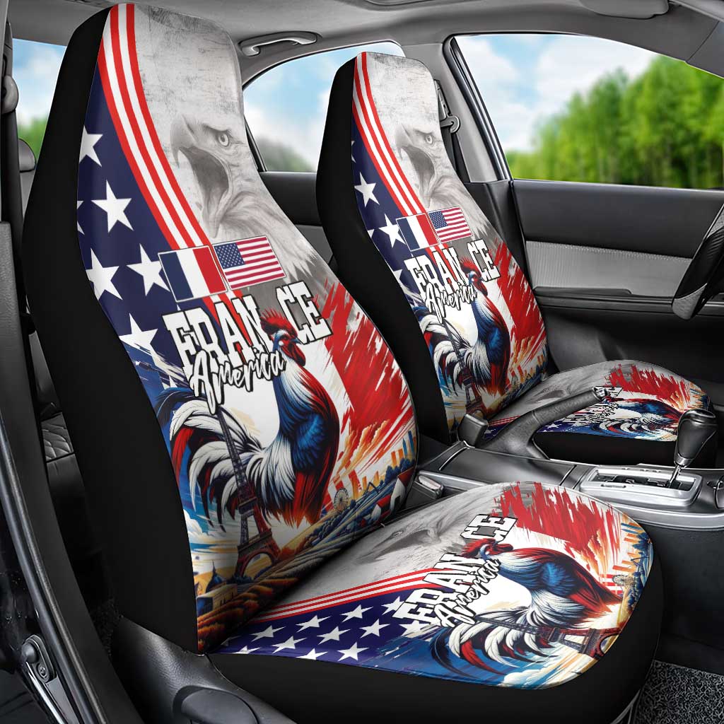 French-American Heritage Month Car Seat Cover National Flags Style with Rooster and Bald Eagle - Wonder Print Shop