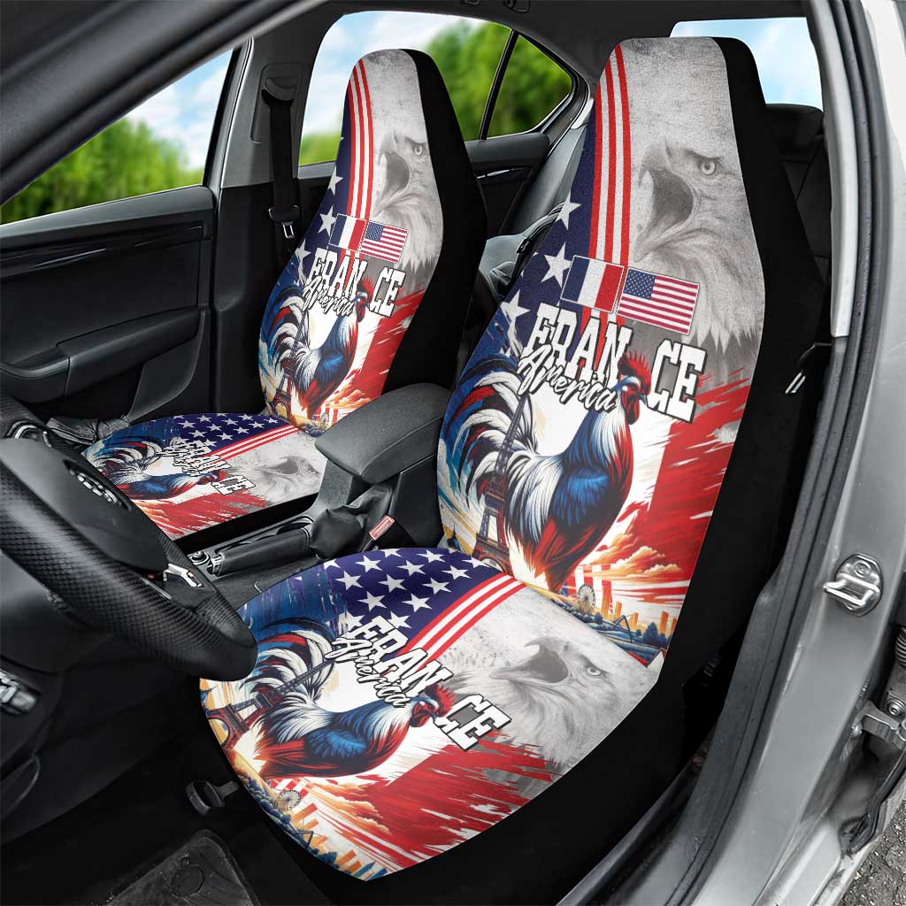 French-American Heritage Month Car Seat Cover National Flags Style with Rooster and Bald Eagle - Wonder Print Shop