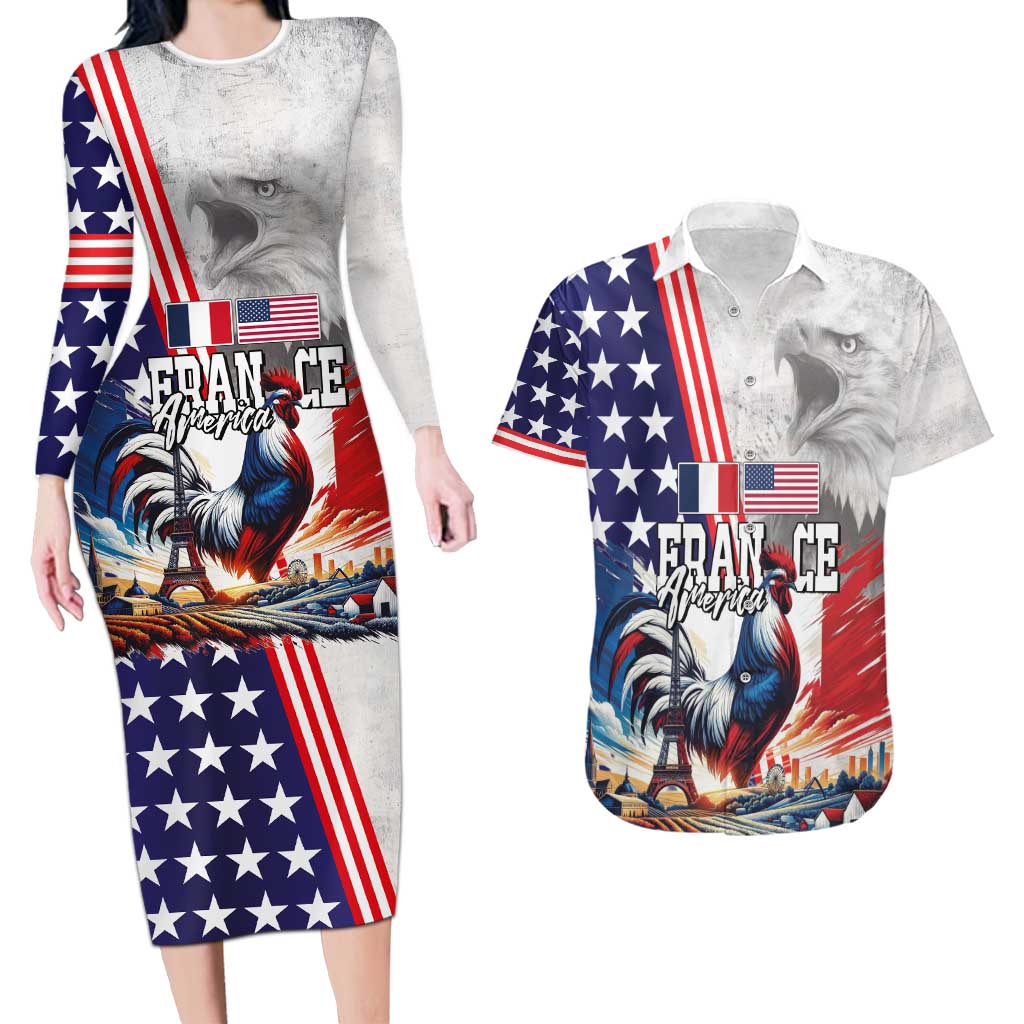 French-American Heritage Month Couples Matching Long Sleeve Bodycon Dress and Hawaiian Shirt National Flags Style with Rooster and Bald Eagle - Wonder Print Shop