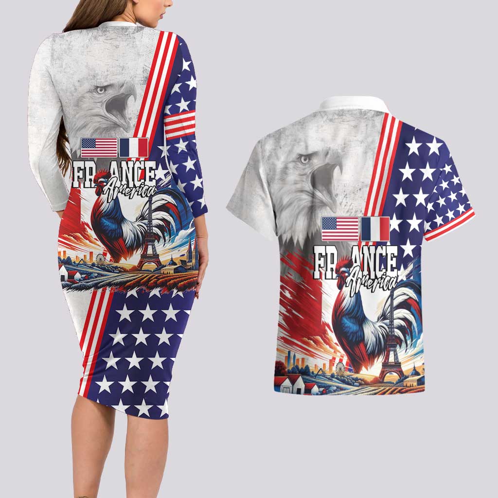 French-American Heritage Month Couples Matching Long Sleeve Bodycon Dress and Hawaiian Shirt National Flags Style with Rooster and Bald Eagle - Wonder Print Shop