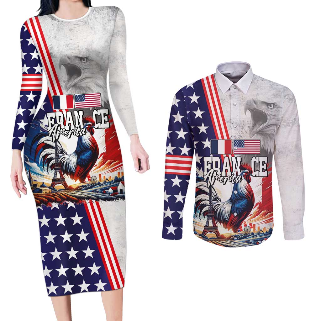 French-American Heritage Month Couples Matching Long Sleeve Bodycon Dress and Long Sleeve Button Shirt National Flags Style with Rooster and Bald Eagle - Wonder Print Shop