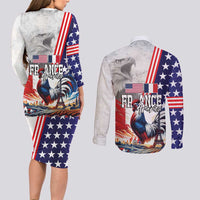 French-American Heritage Month Couples Matching Long Sleeve Bodycon Dress and Long Sleeve Button Shirt National Flags Style with Rooster and Bald Eagle - Wonder Print Shop