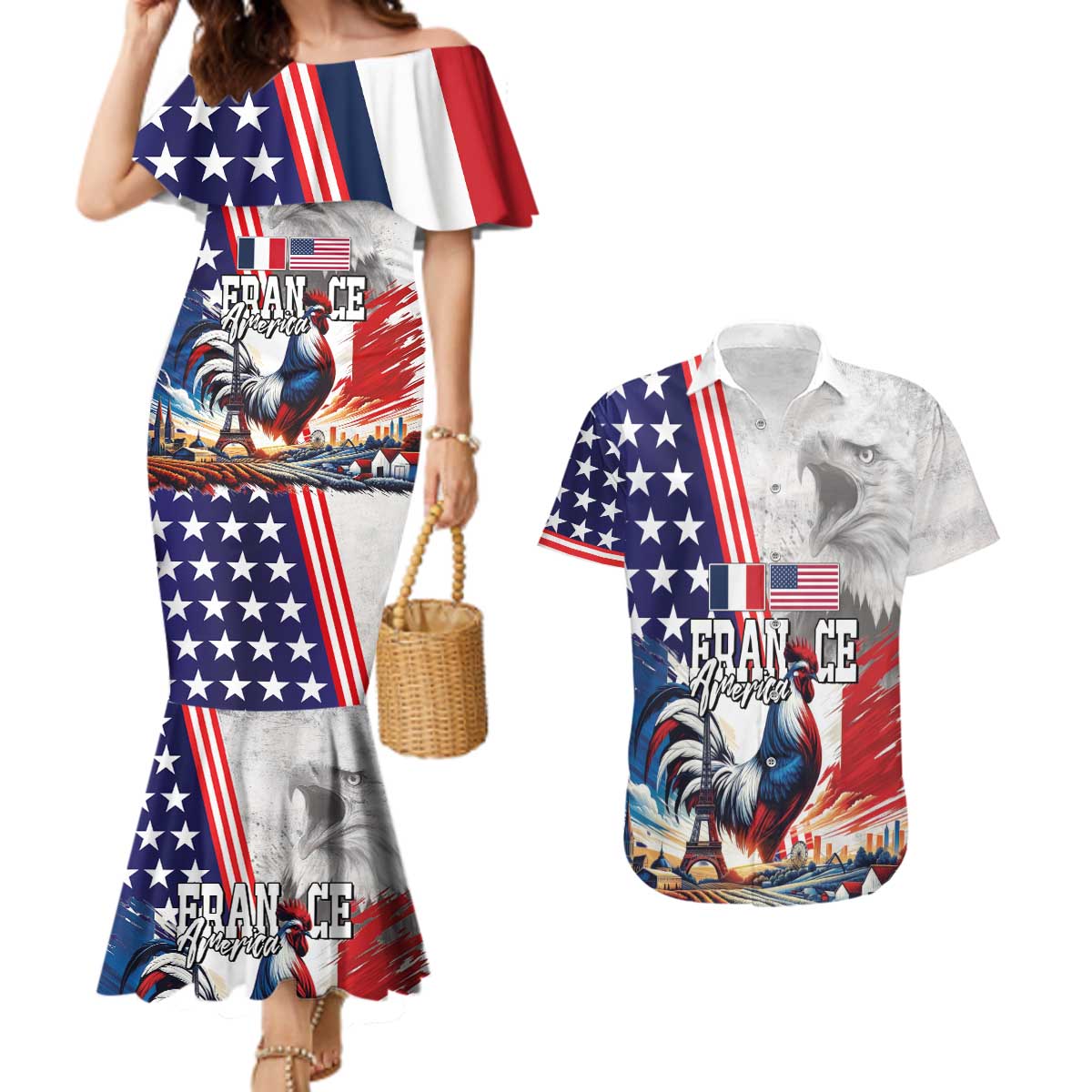 French-American Heritage Month Couples Matching Mermaid Dress and Hawaiian Shirt National Flags Style with Rooster and Bald Eagle - Wonder Print Shop