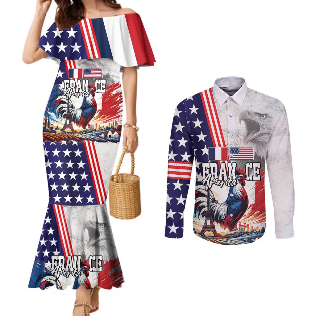 French-American Heritage Month Couples Matching Mermaid Dress and Long Sleeve Button Shirt National Flags Style with Rooster and Bald Eagle - Wonder Print Shop