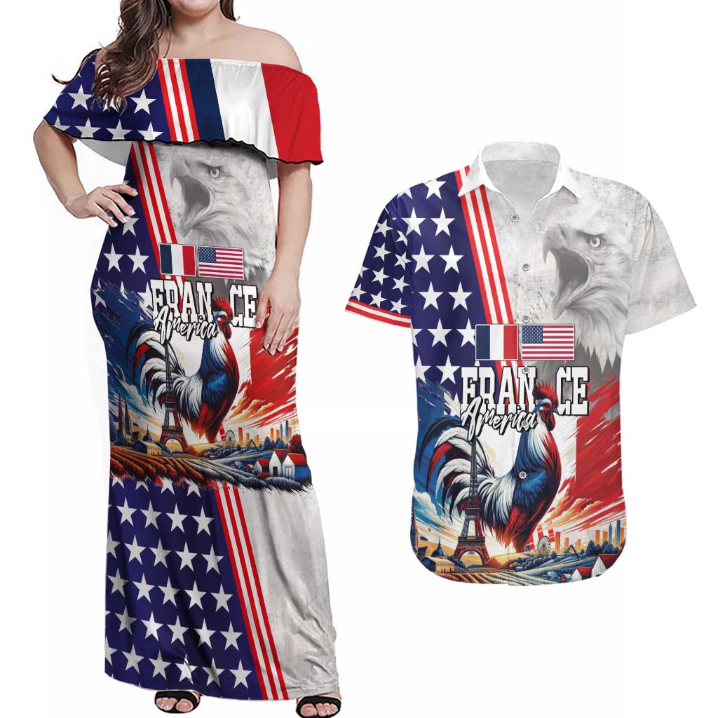 French-American Heritage Month Couples Matching Off Shoulder Maxi Dress and Hawaiian Shirt National Flags Style with Rooster and Bald Eagle - Wonder Print Shop