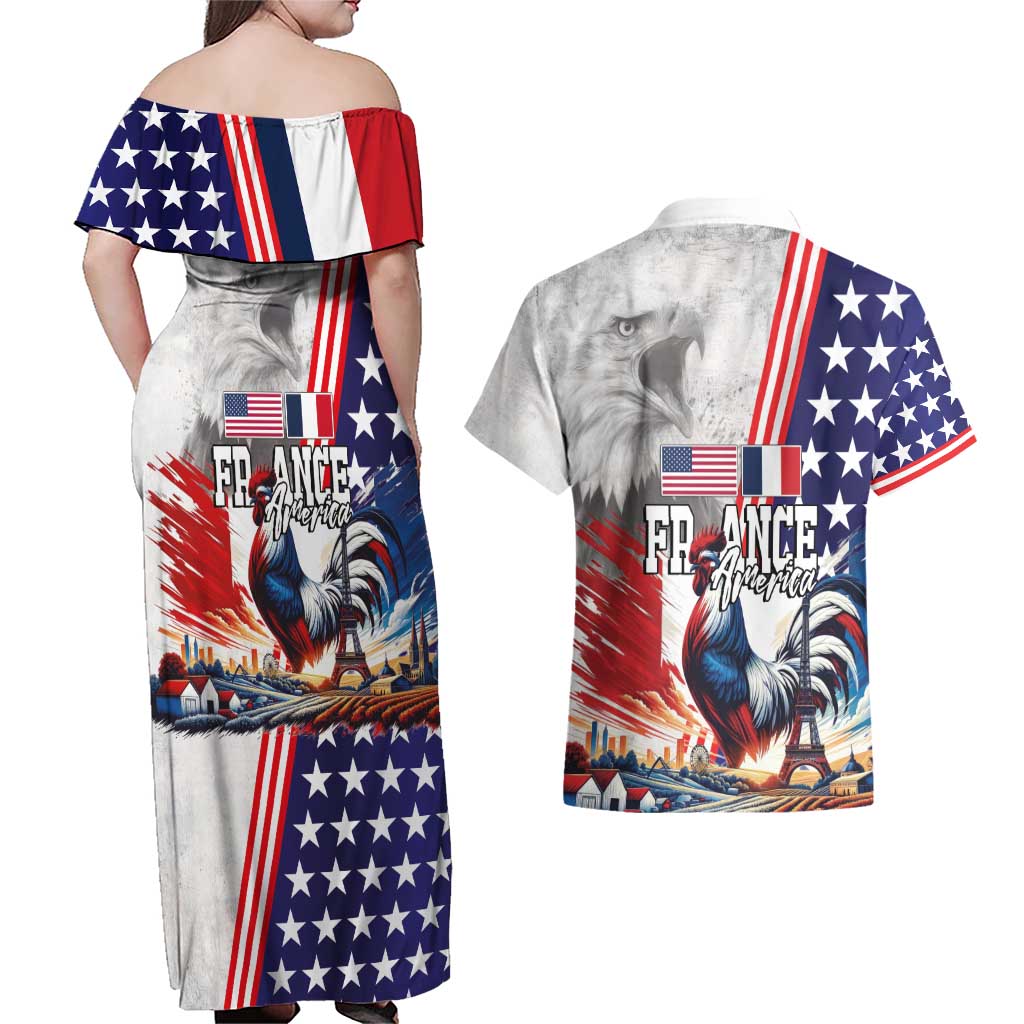 French-American Heritage Month Couples Matching Off Shoulder Maxi Dress and Hawaiian Shirt National Flags Style with Rooster and Bald Eagle - Wonder Print Shop