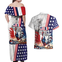 French-American Heritage Month Couples Matching Off Shoulder Maxi Dress and Hawaiian Shirt National Flags Style with Rooster and Bald Eagle - Wonder Print Shop