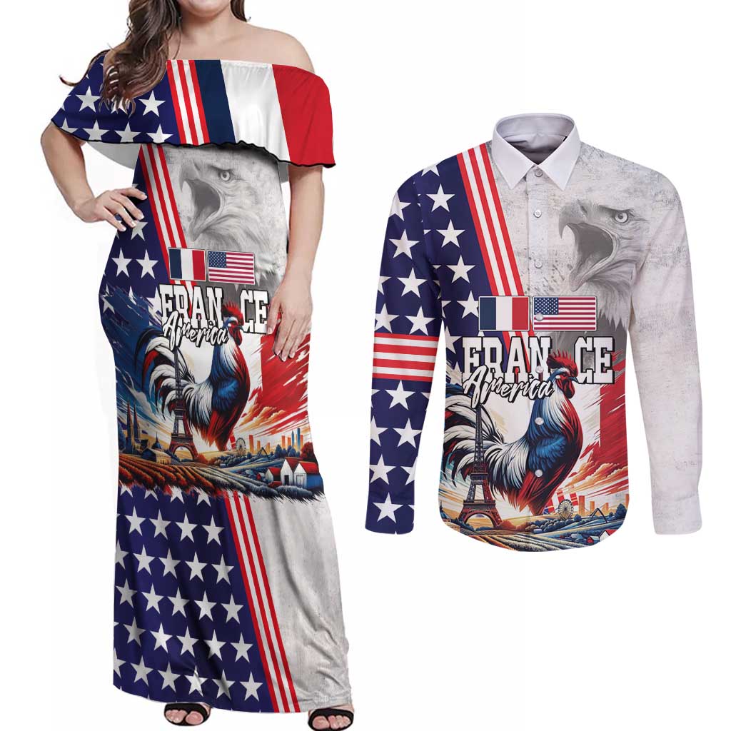 French-American Heritage Month Couples Matching Off Shoulder Maxi Dress and Long Sleeve Button Shirt National Flags Style with Rooster and Bald Eagle - Wonder Print Shop