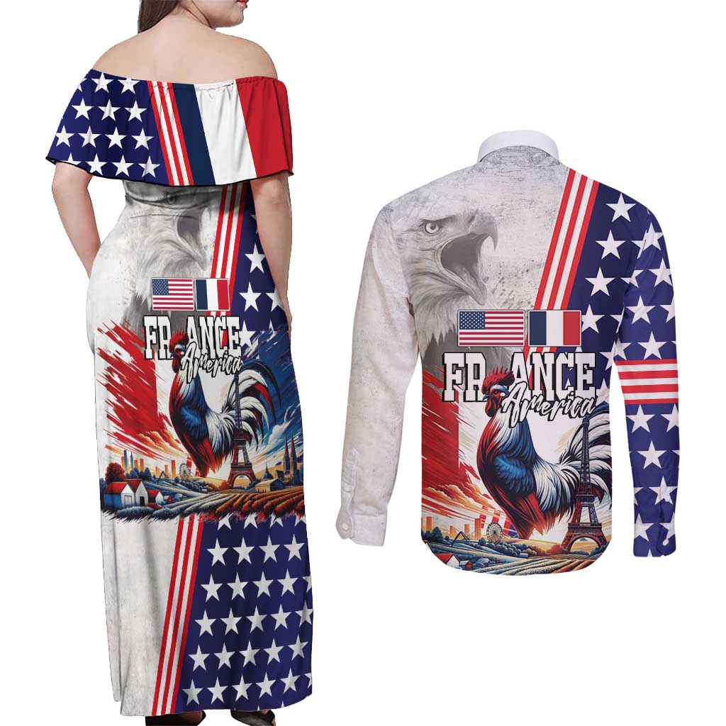 French-American Heritage Month Couples Matching Off Shoulder Maxi Dress and Long Sleeve Button Shirt National Flags Style with Rooster and Bald Eagle - Wonder Print Shop