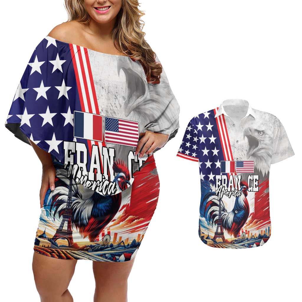 French-American Heritage Month Couples Matching Off Shoulder Short Dress and Hawaiian Shirt National Flags Style with Rooster and Bald Eagle - Wonder Print Shop