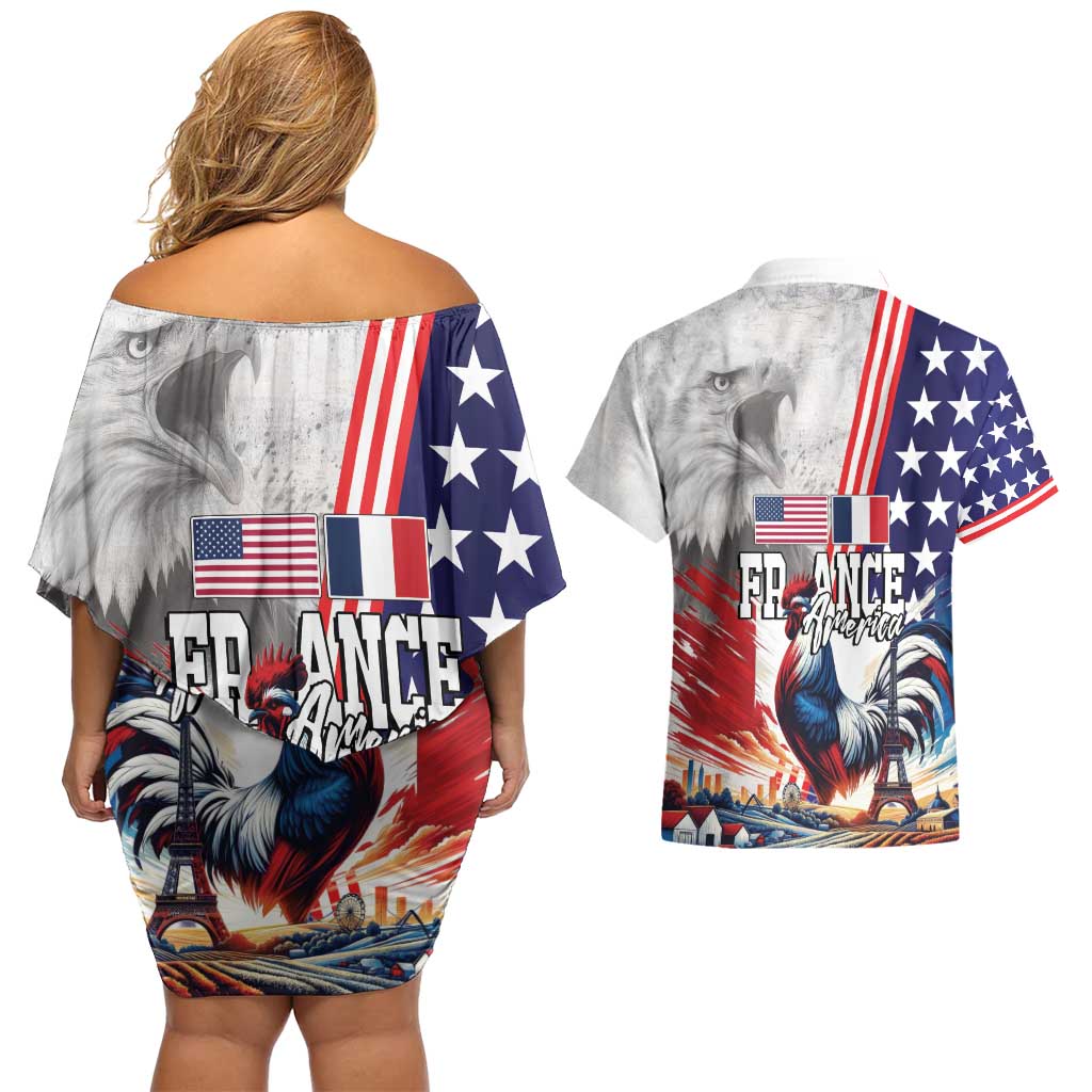 French-American Heritage Month Couples Matching Off Shoulder Short Dress and Hawaiian Shirt National Flags Style with Rooster and Bald Eagle - Wonder Print Shop