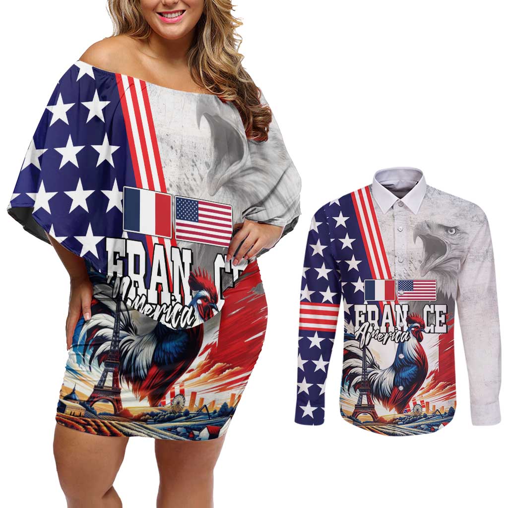 French-American Heritage Month Couples Matching Off Shoulder Short Dress and Long Sleeve Button Shirt National Flags Style with Rooster and Bald Eagle - Wonder Print Shop